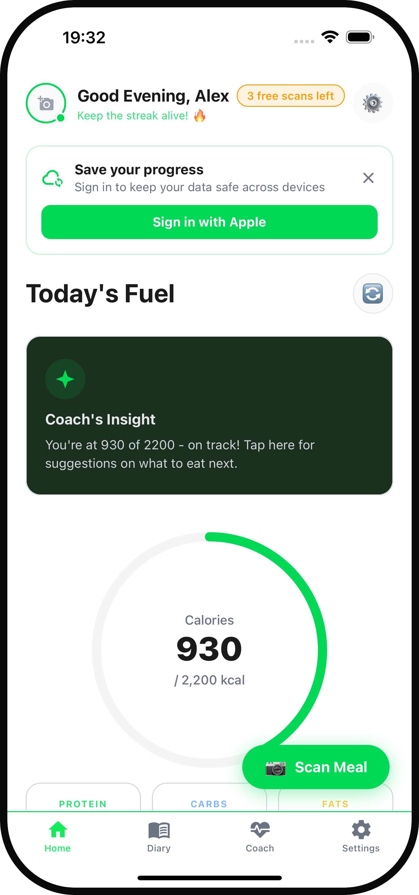 Today's fuel — daily calorie + macro ring