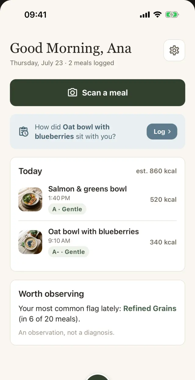 Today screen — scan a meal, today's log, and one observation